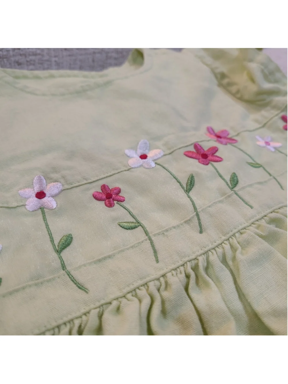 VTG Gymboree Girls Green Linen Blend Floral Embroidered Dress Size 3 Years Green